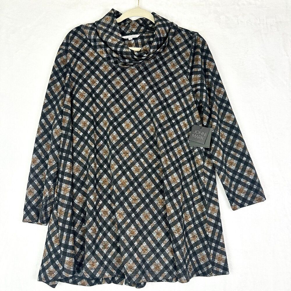 John Mark Plaid Cowl Neck Top Size Medium Folkloric Button Back Classic Timeless